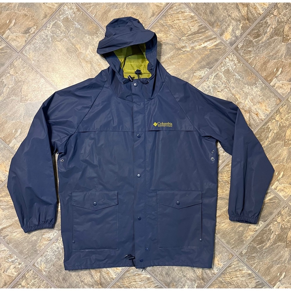 Columbia Rain Jacket Mens L Navy Blue Vintage Vented Hooded Windbreaker